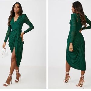 Emerald Green Mesh Ruched Long Sleeve Draped Midi Dress